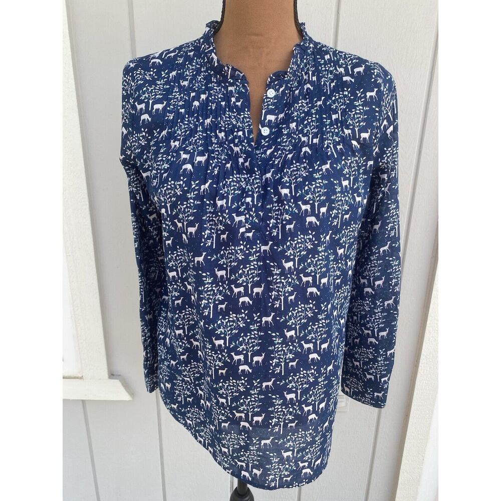 J. Crew‎ Women's Blouse Navy Blue Deer Print Button Woodland Popover Size 00